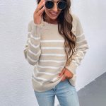 New arrivals pullover elegant jumper women autumn winter o-neck striped shoulder button loose sweaters