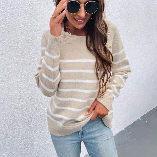 New arrivals pullover elegant jumper women autumn winter o-neck striped shoulder button loose sweaters