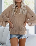 Spring Summer women fashion off shoulder solid color sweaters lace up loose elegant flare sleeve jumpers