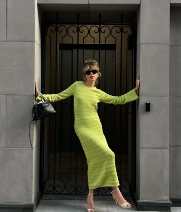Knitwear winter long sleeve slim fit irregular design casual maxi hollow out knit dress women
