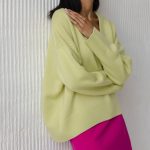 latest design women v neck solid color cozy knitwear irregular elegant loose long sleeve sweater