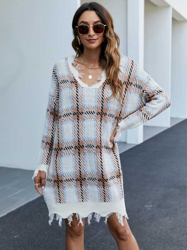 Knitwear Women V-neck tassels casual sweater long sleeve pullover loose plaid knit dress