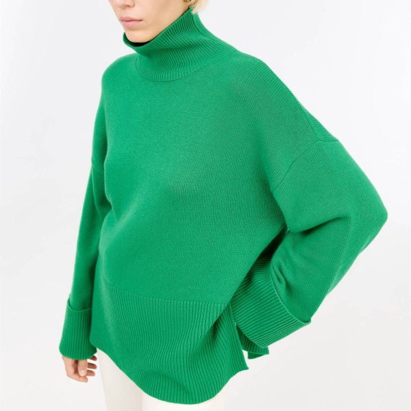 hot selling high neck solid color pullover knitwear women long oversize knit split casual sweaters