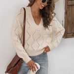 hot selling v neck pure color hollow out knitwear women pullover oversize short sweaters