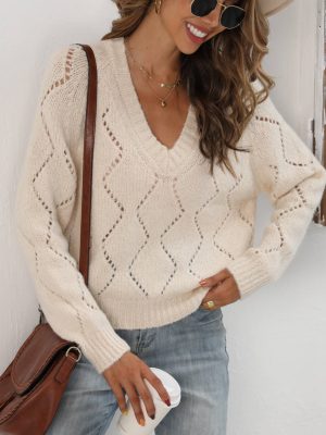 hot selling v neck pure color hollow out knitwear women pullover oversize short sweaters