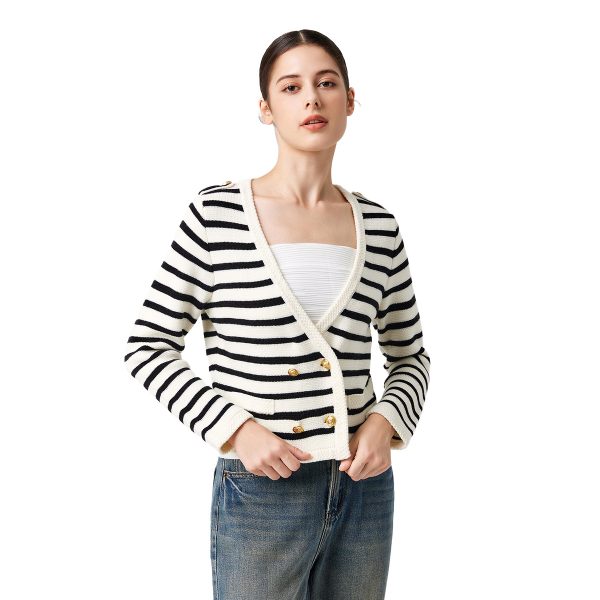 Knitwear Black white striped Merino wool elegant sweater coat Double Breasted gold cardigans women