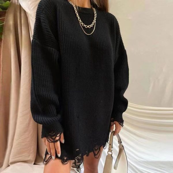 Hot sales oversize pure color knitwear o-neck elegant hollow out knitted women dress sweaters