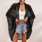 Trending summer oversize batwing sleeve cut out knitwear women mesh see through Beach coat for women