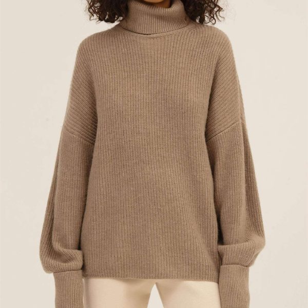 New arrivals high collar solid color lantern-sleeve knitwear pullover knitted sweater