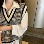 v neck autumn winter knitwear sleeveless vest color blocking loose unisex casual sweaters