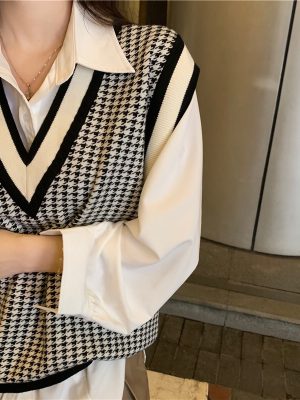 v neck autumn winter knitwear sleeveless vest color blocking loose unisex casual sweaters