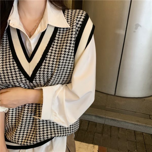 v neck autumn winter knitwear sleeveless vest color blocking loose unisex casual sweaters