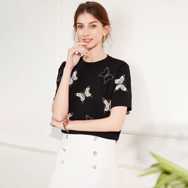 New Arrivals casual crew neck butterfly jumpers women Hot drill short sleeve pullover sweaters
