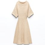 High-end design knitwear solid color women slim waist summer half-sleeve A-line long cable knitted dress