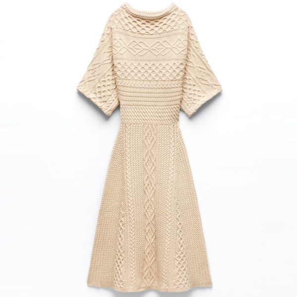 High-end design knitwear solid color women slim waist summer half-sleeve A-line long cable knitted dress