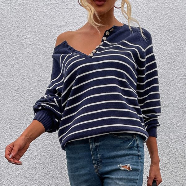 Hot sales autumn winter single-breasted button jumper mujer casual pullover striped leisure women sweaters