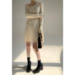 pure color asymmetrical neck pullover knitwear elegant Design sense niche knit dress women long sleeve base skirts