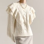 pure color puff sleeve women knitwear elegant pullover double layer cable knit top knitted sweater