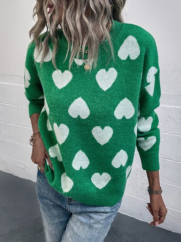 Fashion Pullover Jumper sueter para mujer heart knit casual loose crew neck sweaters women
