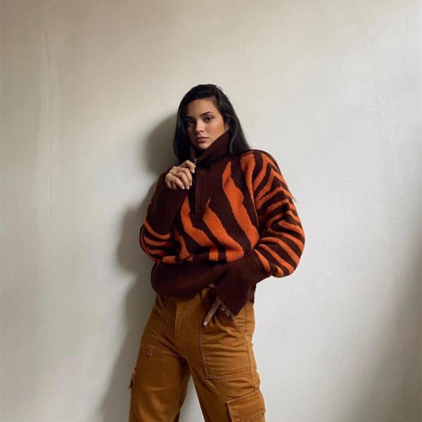 Autumn Winter turtleneck women casual oversize streetwear stylish short jacquard half zipper sweaters coats