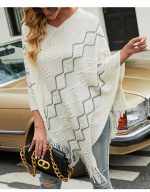 New Arrivals winter warm Wavy knitted tippet v neck casual fashion striped fringed cape coat for women