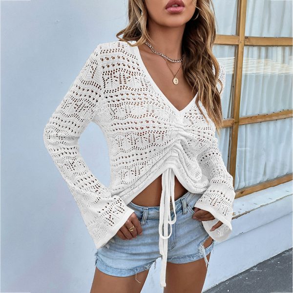 slim fit v neck sexy knit cropped tank top long sleeve hollow out knitwear women casual pullover ruffles vest