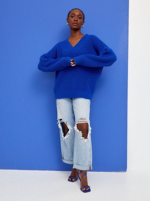 Trending Fall Winter Loose v neck jumpers casual pullover knitted elegant thicken sweater for women