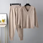 New style sweater Harun 2 piece outfits v neck casual knitwear pullover women knitted two piece pants set