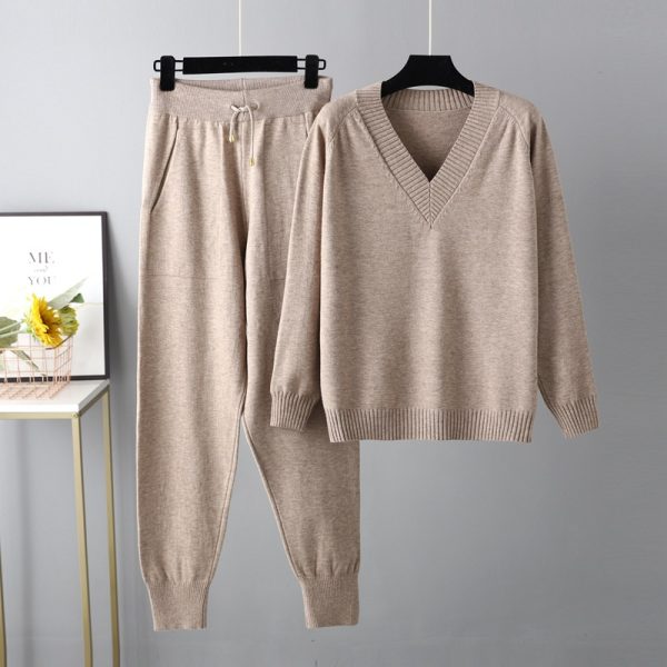 New style sweater Harun 2 piece outfits v neck casual knitwear pullover women knitted two piece pants set