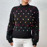 New arrivals Loose Elegant Colored beaded knitwear round neck pullover puff sleeve casual sweater women
