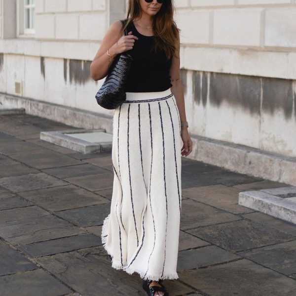 hot selling high waist knitted midi skirts elastic women elegant tassel A-line striped dress