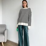 dropped shoulder jumpers crew neck oversize striped elegant pullover sweaters women