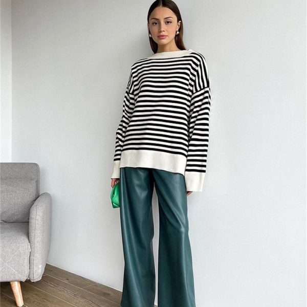 dropped shoulder jumpers crew neck oversize striped elegant pullover sweaters women