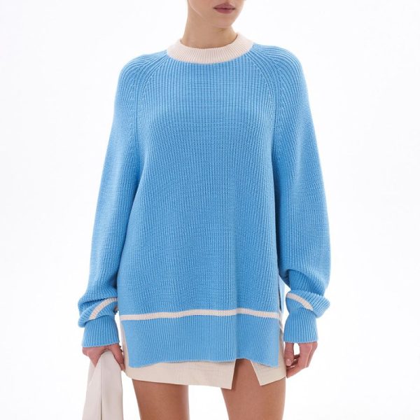 clothing autumn winter o neck oversize jumpers pullover elegant side split stripe sweaters for women