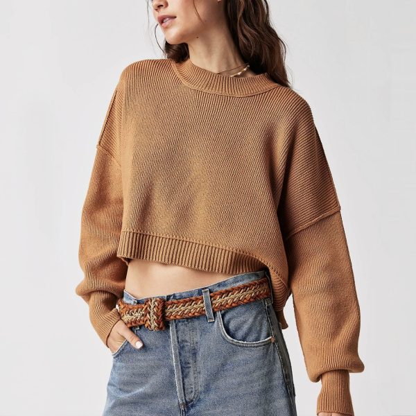 clothing round neck casual knitwear pullover striped oversize long sleeve short cropped sweaters women