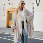 Hooded shawl women cappa autumn winter fur collar sweaters coats striped knitted fringe cape