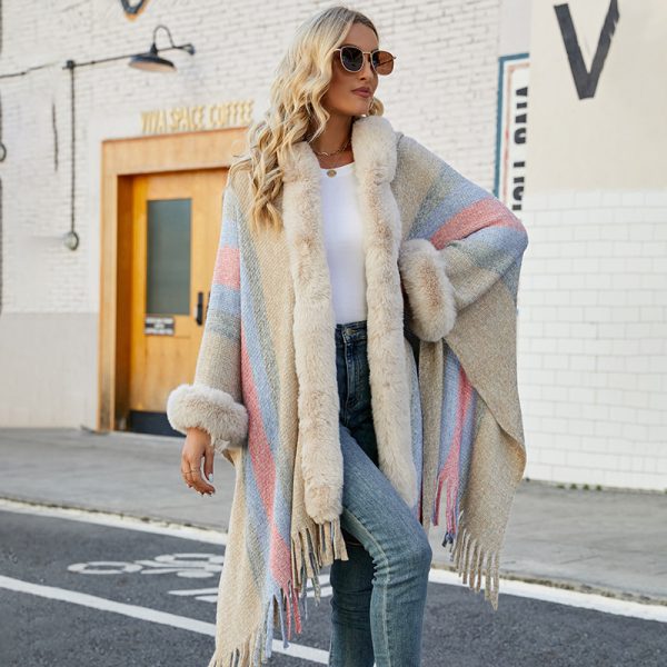 Hooded shawl women cappa autumn winter fur collar sweaters coats striped knitted fringe cape
