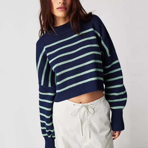clothing round neck casual knitwear pullover striped oversize long sleeve short cropped sweaters women