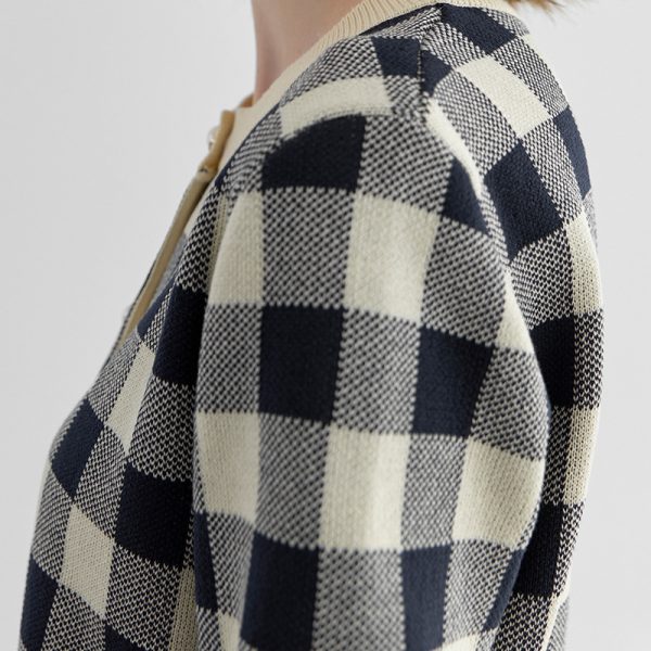 Trending Summer British style short sleeve cardigans women's thin round neck checkerboard knitted top