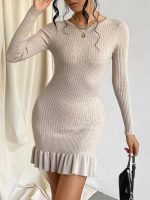 High quality women fashion pullover pure color round neck sexy slim fit ruffles bodycon knitted short dress