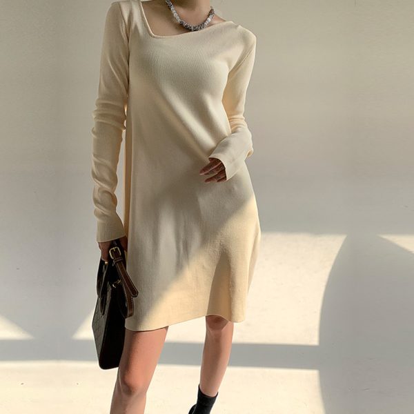 pure color asymmetrical neck pullover knitwear elegant Design sense niche knit dress women long sleeve base skirts