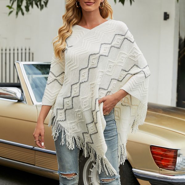 New Arrivals winter warm Wavy knitted tippet v neck casual fashion striped fringed cape coat for women