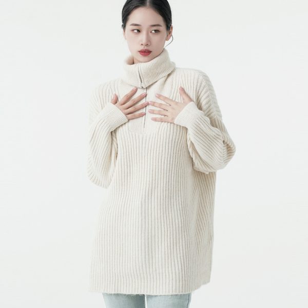 Knitwear autumn winter zipper turn down collar long sleeve luxury women cashmere pullover sweater