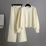 Knitwear o- neck ribbed pullover sweater 2 piece sets women wide leg pants oversize casual knitted outfits