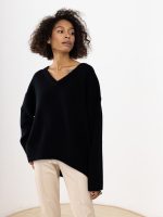 latest design women v neck solid color cozy knitwear irregular elegant loose long sleeve sweater