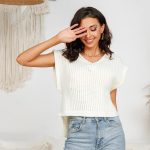 hot sales sleeveless single color knitwear women casual pullover irregular design v neck sweater