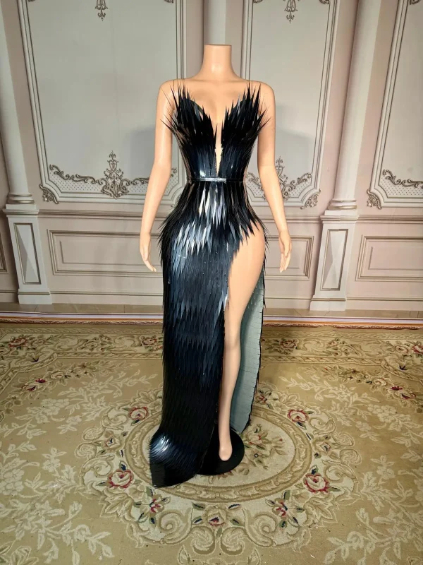 ZD Women's Sequin Beading Appliques Floor-Length A-Line Nightclub Dress Sexy Deep V Neck Halter High Side Slit Natural