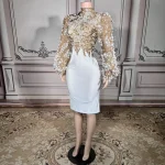 ZD Elegant Pearl Rhinestone Mini Dress-Luxury Regular Sleeve Party Gown High Neck Natural Eco-Friendly for Stage Performances