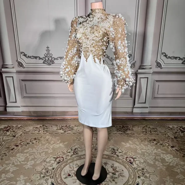 ZD Elegant Pearl Rhinestone Mini Dress-Luxury Regular Sleeve Party Gown High Neck Natural Eco-Friendly for Stage Performances