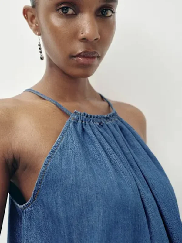 Women Blue Denim O-Neck Sleeveless Ruched Mini Dress Summer Woven Breathable Washable Casual Party Evening Elegant Outfit